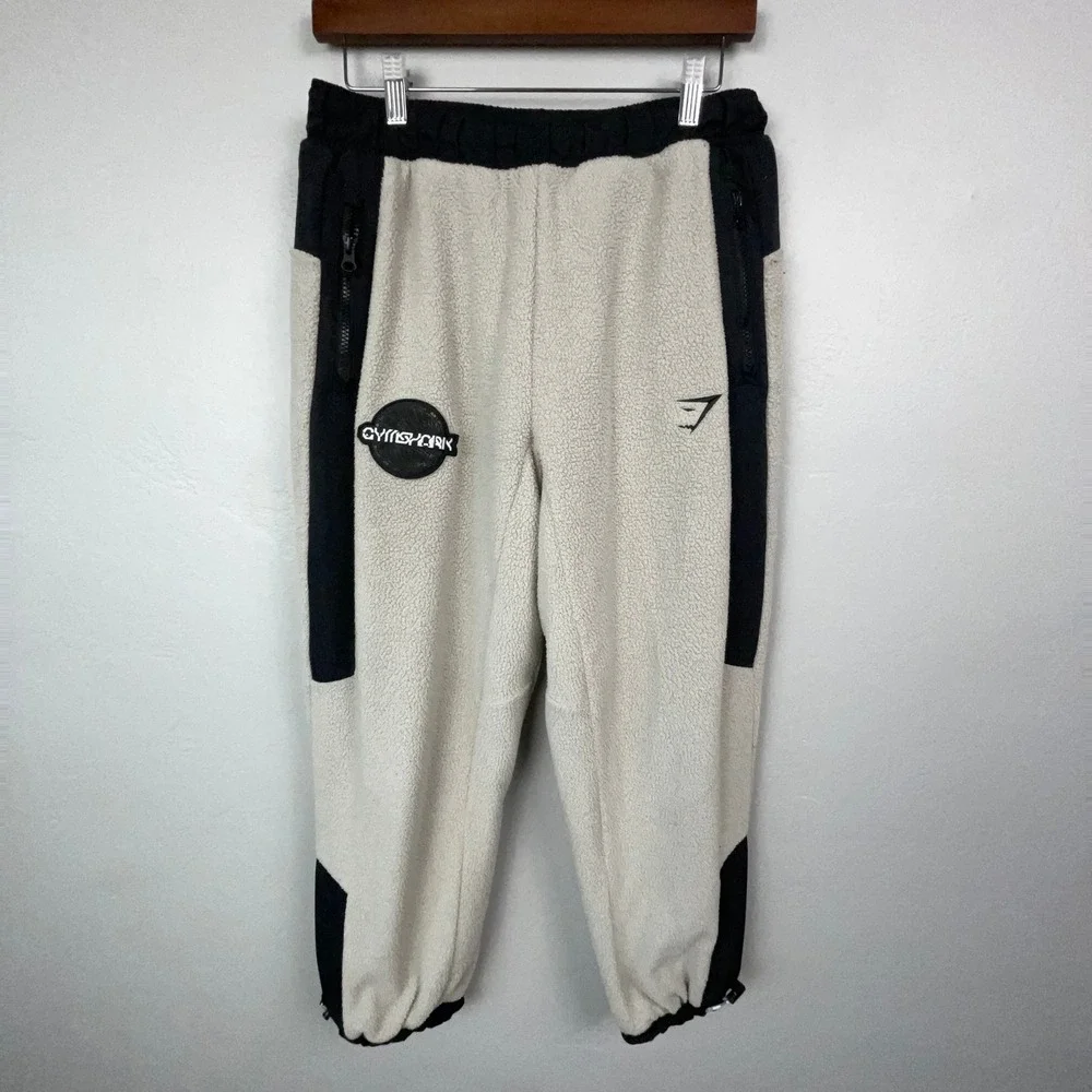 Gymshark Pants Mens S White Black Fleece Joggers Sherpa Mesh Lined Gym Athletic